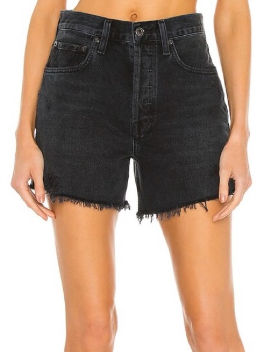 AGOLDE Riley High-Waisted Denim Cut-Off Shorts Black Raw Hem Sz 28